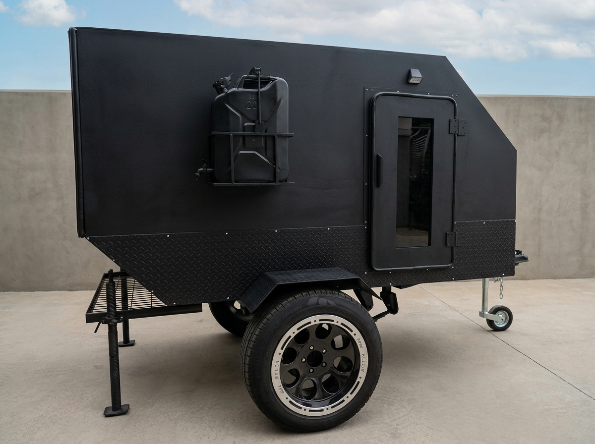 Custom hand-built steel utility trailer with black body and support legs