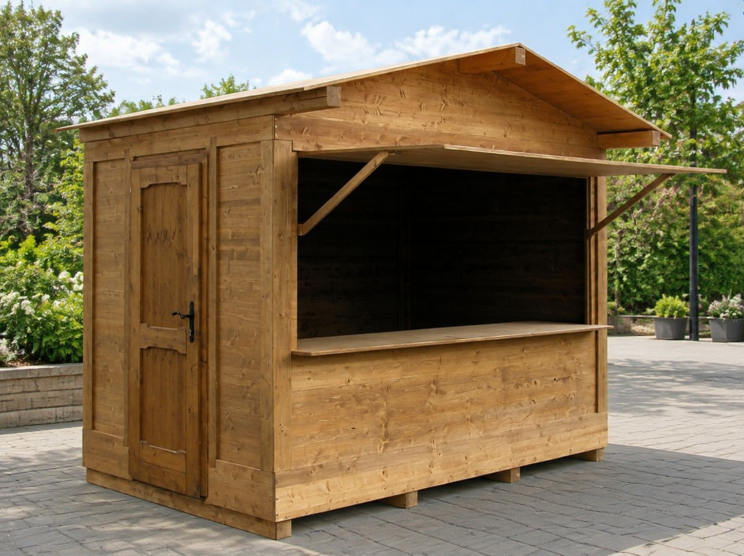 Custom-built wooden kiosk with hinged serving hatch, counter and side door