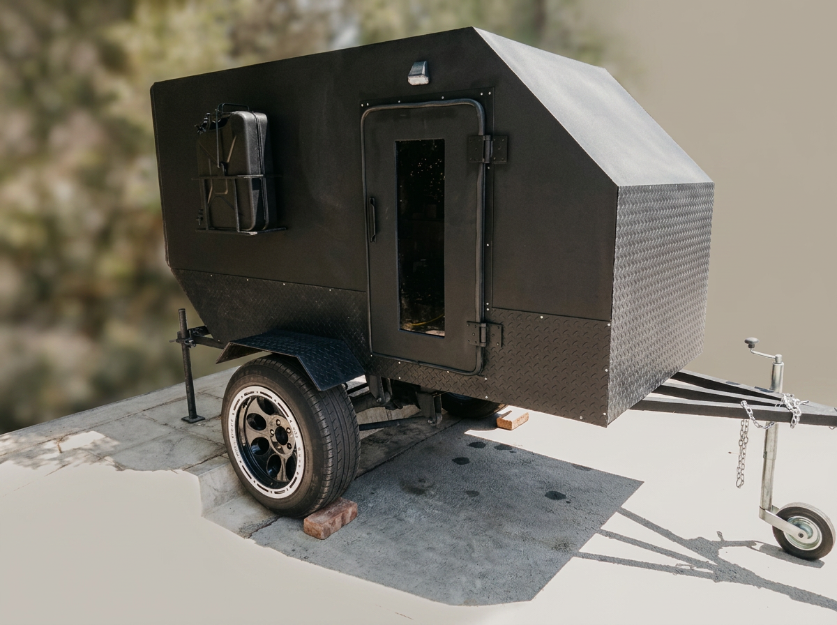 Custom off-grid camping trailer with black steel body and diamond-plate detailing