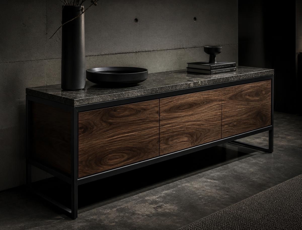 Custom console sideboard with blackened steel frame, walnut body and marble top