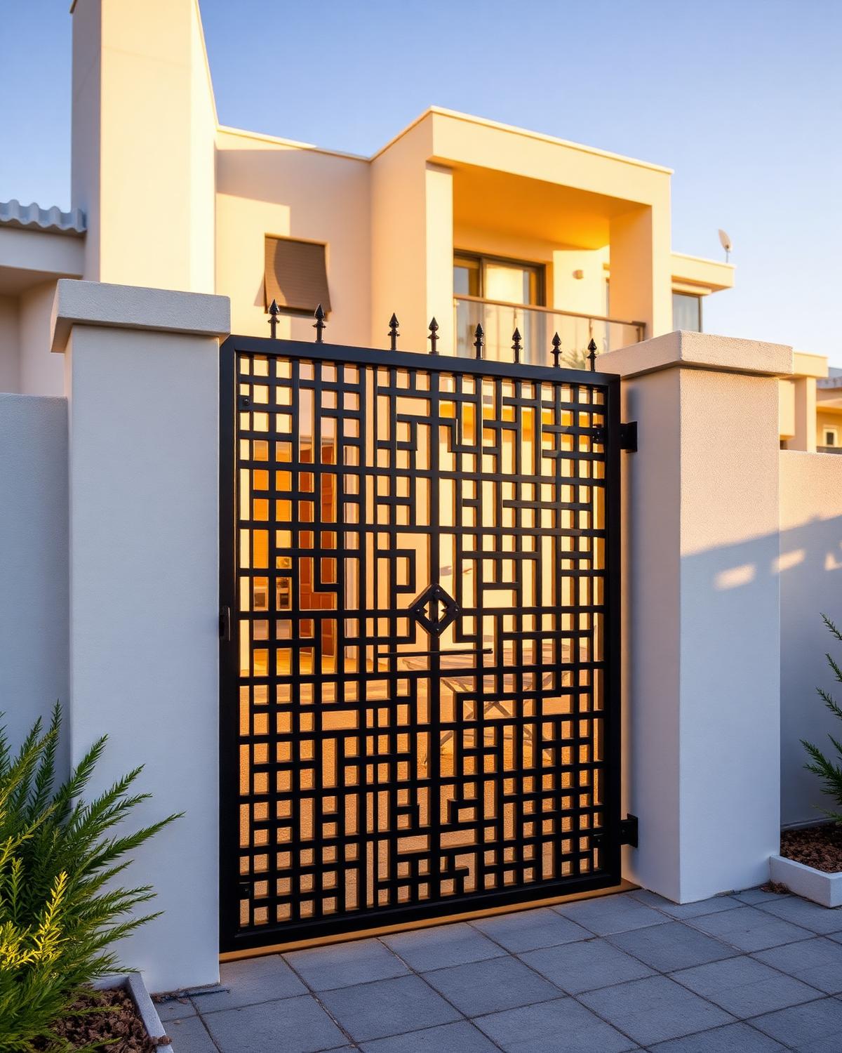 Custom black steel entrance gate with geometric pattern at a villa