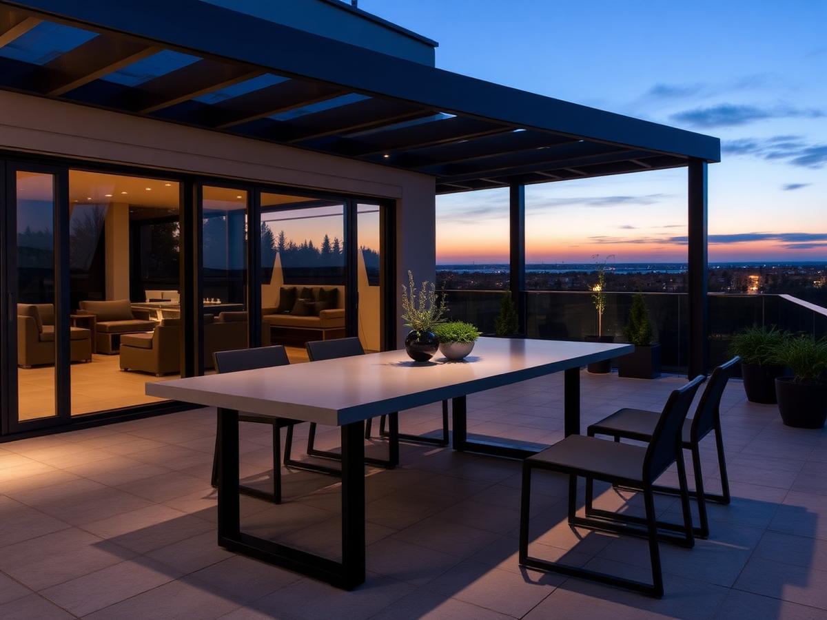 Outdoor dining table with HPL compact laminate top and steel frame