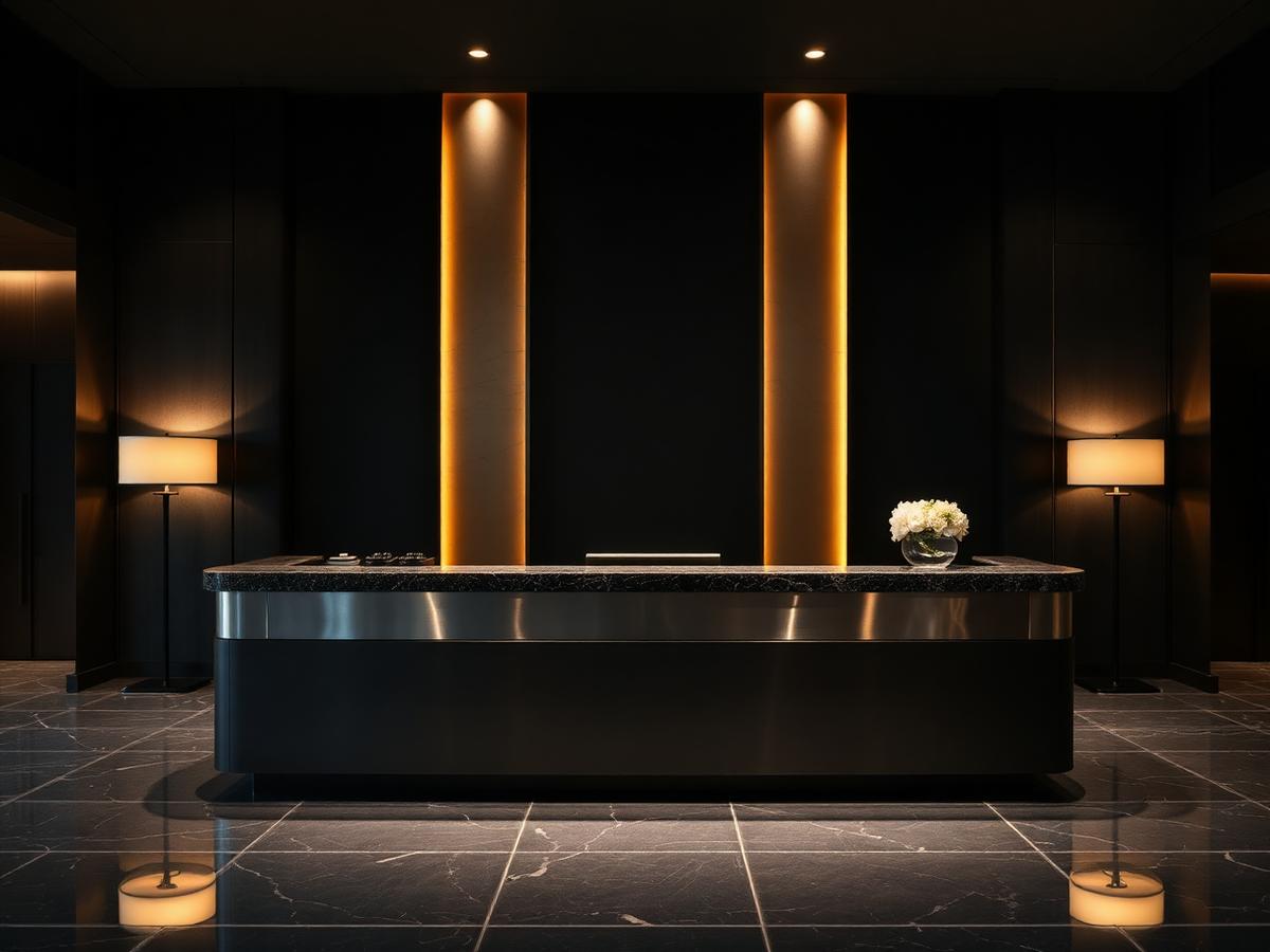 Luxury hotel reception desk in blackened steel with granite top