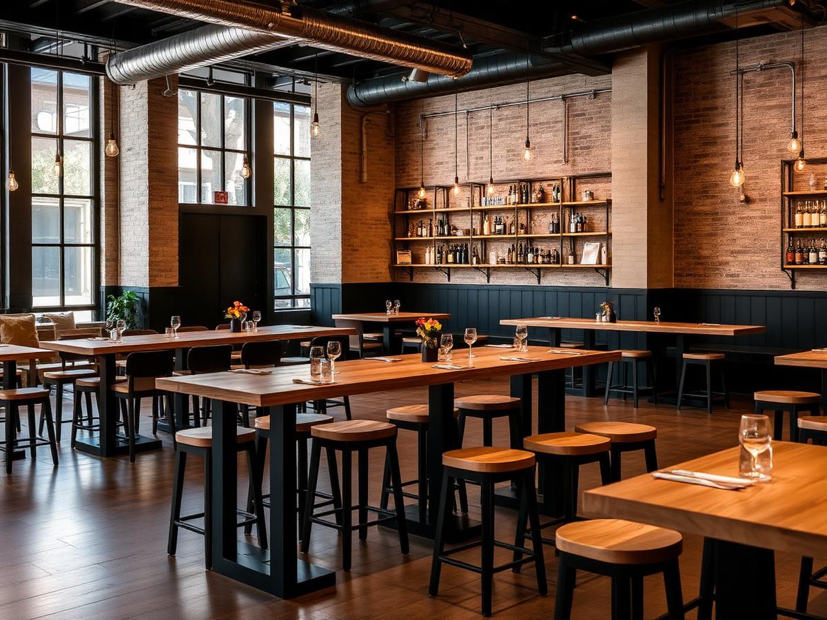 Restaurant interior with custom steel and oak tables and bar stools